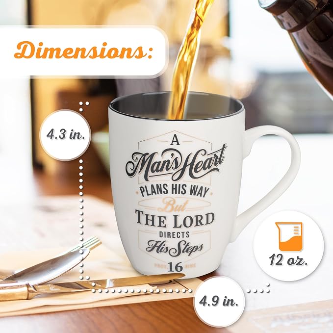A Man's Heart Plans His Way Proverbs 16:9, Black/White, 355ml Ceramic Mug - Image 2